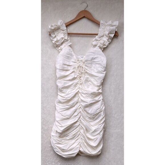 NWOT Zara Blogger’s Favorite Linen Blend Ruched Ruffled Tie Front Mini Dress - Picture 13 of 16